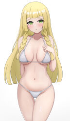 1girl absurdres bikini blonde_hair blue_eyes blunt_bangs braid breasts cleavage commentary cowboy_shot green_eyes highres large_breasts lillie_(pokemon) long_hair looking_at_viewer nintendo pokemon pokemon_sm simple_background solo swimsuit thigh_gap twin_braids wachikumori white_background white_bikini