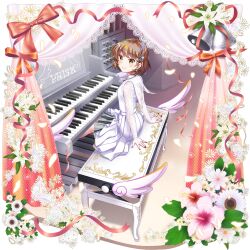 1girl alternate_costume bell blush bow breasts brown_eyes brown_hair closed_mouth curtains dress earrings falling_petals flower flower_request fortissimo full_body game_cg hair_ornament hibiscus highres instrument jewelry lace_sleeves looking_at_viewer lyrica_prismriver lyrica_prismriver_(white_organist) musical_note musical_note_hair_ornament necklace official_art orange_bow organ_(instrument) pendant petals piano_bench pink_flower red_bow red_nails rotte_(1109) short_hair sitting small_breasts smile solo third-party_source touhou touhou_lostword transparent_background white_dress white_flower