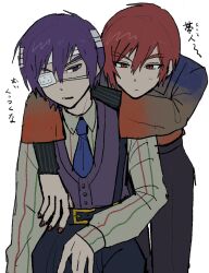 2boys :/ akaito arm_on_another&#039;s_shoulder arms_on_another&#039;s_shoulder bandaged_hand bandages belt black_belt black_pants blue_necktie bored buttons closed_mouth collared_shirt commentary eyepatch front-to-back fuyuno_(ramentaro23) gradient_clothes gradient_shirt highres layered_sleeves leaning_forward light_blush long_sleeves male_focus medical_eyepatch multiple_boys necktie one_eye_covered pants pinstripe_pattern pinstripe_shirt purple_eyes purple_hair purple_vest red_eyes red_hair shirt shirt_tucked_in short_hair short_over_long_sleeves short_sleeves simple_background striped_clothes striped_shirt suspenders taito_(vocaloid) talking vertical-striped_clothes vertical-striped_shirt very_short_hair vest vocaloid white_background wing_collar