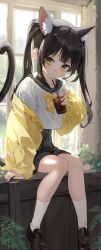 1girl absurdres animal_ear_fluff animal_ears animal_ears_(norankkori) black_hair black_shoes black_skirt blush bow bowtie cat_ears cat_girl cat_tail closed_mouth drink drinking_straw full_body highres holding holding_drink jacket looking_to_the_side original pleated_skirt sailor_collar shirt shoes sitting skirt socks solo tail twintails white_shirt white_socks window yellow_bow yellow_bowtie yellow_eyes yellow_jacket
