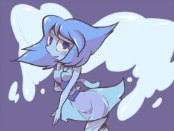 1girl alien blue_background blue_eyes blue_hair blue_shirt blue_skin blue_skirt blue_theme blush breasts cartoon_network colored_skin covered_erect_nipples k-nattoh lapis_lazuli_(steven_universe) leaning_forward looking_at_viewer medium_breasts midriff see-through_clothes see-through_skirt shirt short_hair skirt sleeveless sleeveless_shirt smile steven_universe walking water water_wings wings