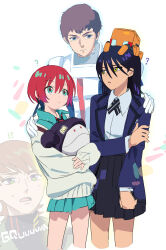 Rule 34 | !?, 2boys, 2girls, ?, absurdres, amate yuzuriha, amuro ray, aqua eyes, beanie, brown hair, char&#039;s counterattack, collared shirt, commentary request, conch (gundam), copyright name, green eyes, grey eyes, gundam, gundam gquuuuuux, haro, hat, highres, jacket, long hair, mayutsuba mono, mecha pilot suit, mole, mole under mouth, multicolored eyes, multiple boys, multiple girls, necktie, non-humanoid robot, normal suit (gundam), nyaan (gundam gquuuuuux), pom pom (clothes), pom pom beanie, purple eyes, purple hair, red hair, robot, school uniform, shirt, short hair, skirt, sweatdrop, sweater, turtleneck, two-tone eyes, xavier olivette, yellow eyes
