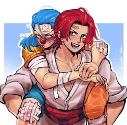 Rule 34 | 2boys, adam&#039;s apple, bandage on elbow, bandage on leg, bandages, bandaid, bandaid on face, blood, bloody bandages, blue hair, blush, buggy the clown, carrying, clown nose, collarbone, embarrassed, fingernails, hat, highres, male focus, multiple boys, one piece, open mouth, orange hat, pectoral cleavage, pectorals, piggyback, red hair, shanks (one piece), shirt, short hair, signature, teeth, vamos mk, white shirt, yaoi