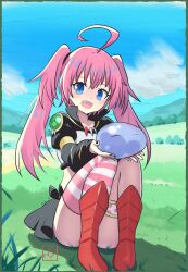 :d absurdres ahoge armored_boots black_nails black_skirt blue_eyes blue_sky boots collarbone crop_top day elementary_(lolipope) fangs highres horizontal-striped_thighhighs long_hair milim_nava miniskirt nail_polish open_mouth outdoors pink_hair rimuru_tempest_(slime) single_thighhigh skirt sky smile tensei_shitara_slime_datta_ken thigh_strap thighhighs twintails