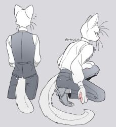 1boy animal_hands babeldj body_fur cat_boy claws colored_eyelashes commentary_request furry furry_male grey_background male_focus multiple_views original shirt simple_background squatting tail vest whiskers white_fur white_shirt
