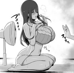1girl age_difference bra breasts cleavage closed_eyes fan fanning_self hanabi_(ocha) hot huge_breasts onee-shota shota sitting sweat underwear