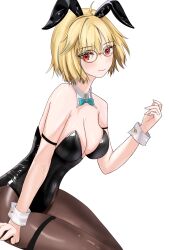 1girl absurdres ahoge animal_ears arcueid_brunestud blonde_hair blue_bow blue_bowtie bow bowtie breasts cleavage fake_animal_ears glasses highres large_breasts leotard looking_at_viewer melty_blood merochi_merochi pantyhose playboy_bunny rabbit_ears red_eyes short_hair simple_background tsukihime tsukihime_(remake) white_sleeve_cuffs