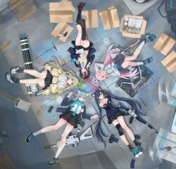 5girls animal_ear_fluff animal_ears arm_up armband ayane_(blue_archive) black_hair black_shoes black_skirt black_socks blonde_hair blue_archive blue_armband blue_eyes blue_jacket blue_necktie blue_scarf blue_shoes blush cat_ears cat_girl closed_mouth cross_hair_ornament fangs flower glasses green_eyes green_panties gun hair_between_eyes hair_bun hair_flower hair_ornament highres holding holding_tablet_pc hoshino_(blue_archive) id_card jacket kc_ncp knee_pads kneehighs long_hair looking_at_viewer lying microphone multiple_girls necktie nonomi_(blue_archive) off_shoulder on_back on_floor one_eye_closed open_mouth own_hands_together panties pink_hair plaid_clothes plaid_skirt pointy_ears red-framed_eyewear red_eyes scarf serika_(blue_archive) shield shiroko_(blue_archive) shirt shoes short_hair shotgun sidelocks single_knee_pad single_side_bun skirt smile socks stretching sweater_vest tablet_pc twintails underwear very_long_hair weapon wet wet_clothes wet_shirt white_flower white_shirt white_shoes white_socks wolf_ears wolf_girl yellow_eyes yellow_jacket yellow_sweater_vest