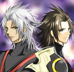 2boys abstract_background armor back-to-back black_shirt blue_eyes brown_hair commentary_request dark-skinned_male dark_persona dark_skin evil_smile grey_hair hair_slicked_back high-mode kingdom_hearts kingdom_hearts_birth_by_sleep light_frown looking_at_viewer looking_to_the_side medium_hair multiple_boys multiple_persona outline parted_bangs parted_lips pauldrons possessed purple_background sad serious shirt shoulder_armor shoulder_strap single_pauldron smile spiked_hair terra_(kingdom_hearts) tight_clothes tight_shirt turtleneck turtleneck_shirt white_outline yellow_eyes