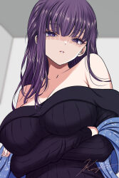 1girl alternate_costume armpit_crease arms_under_breasts breasts collarbone commentary_request contemporary crossed_arms fern_(sousou_no_frieren) hair_over_shoulder highres indoors koya_(koya_x_00) large_breasts long_sidelocks long_sleeves looking_at_viewer off-shoulder_sweater off_shoulder parted_lips pink_pupils purple_eyes purple_hair purple_sweater ribbed_sweater sidelocks signature solo sousou_no_frieren sweater upper_body watermark