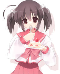 Rule 34 | 1girl, ahoge, bow, bowtie, brown eyes, brown hair, eating, food, food on face, hair ornament, highres, holding, holding plate, holding spoon, long sleeves, looking at viewer, mizuno (mizunomageko), plate, school uniform, serafuku, smile, solo, spoon, to heart (series), to heart 2, twintails, yuzuhara konomi