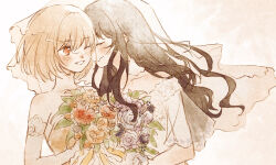 2girls black_hair blonde_hair bouquet bridal_veil closed_eyes commentary_request dress flower highres holding holding_bouquet hug inoue_takina jewelry kiss kissing_cheek long_hair lycoris_recoil multiple_girls nishikigi_chisato off-shoulder_dress off_shoulder one_eye_closed parted_lips red_eyes sayasora short_hair smile upper_body veil wedding_dress white_background wife_and_wife yuri