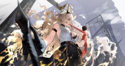 1girl absurdres arm_strap bare_shoulders black_bra black_choker black_gloves black_horns black_pants blonde_hair bra breasts choker commentary cowboy_shot curled_horns english_commentary gloves hand_up highres horns large_breasts lewdlily66 long_hair necktie necktie_around_wrists pants red_necktie shirt shirt_tucked_in solo tight_clothes tight_pants torn_clothes torn_shirt underwear white_shirt wuthering_waves zani_(wuthering_waves)