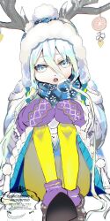 Rule 34 | 1girl, antlers, beanie, blue hat, blue scarf, blush, boots, breasts, fate/grand order, fate (series), green eyes, green hair, hair between eyes, hat, highres, horns, kabosoi mangaka, long hair, long sleeves, looking at viewer, louhi (fate), louhi (second ascension) (fate), mittens, open mouth, pantyhose, purple mittens, scarf, sitting, small breasts, solo, sweater, white sweater, yellow pantyhose