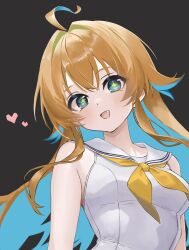 1girl ahoge aqua_eyes aqua_hair breasts fang grey_background heart highres long_hair looking_at_viewer multicolored_hair neckerchief open_mouth orange_hair ralmia_(shadowverse) ritaiya sailor_collar shadowverse simple_background smile solo two-tone_hair upper_body white_sailor_collar yellow_neckerchief