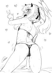 1girl all_fours ass back bare_shoulders bikini blue_archive blush cameltoe demon_horns from_behind greyscale heart horns ibuki_(blue_archive) loli looking_at_viewer looking_back micro_bikini monochrome open_mouth pointy_ears racer_(magnet) simple_background smile string_bikini swimsuit wet