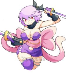 1girl ayane_(doa) bare_shoulders breasts cleavage dead_or_alive dress fingerless_gloves gloves highres large_breasts looking_at_viewer ninja_gaiden ninja_gaiden_sigma_2 purple_hair red_eyes short_dress short_hair sleeveless sword thighs weapon zipskyblue