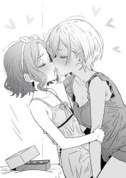 2girls bow breasts chocolate cleavage commentary dress ebizuka_tomo english_commentary flat_chest girls_band_cry greyscale hair_bow hairband highres kiss lwmina70119 medium_breasts mole mole_under_eye monochrome multiple_girls rupa_(girls_band_cry) shared_food short_hair valentine yuri