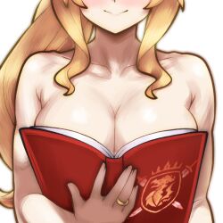 1girl bare_shoulders blonde_hair boobs_in_book_(meme) book breasts cleavage closed_mouth collarbone commentary dragalia_lost elisanne english_commentary holding holding_book jewelry large_breasts long_hair meme nude open_book ring rotomdocs smile solo upper_body white_background