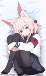 1girl absurdres animal_ear_fluff animal_ears armband ayana_ayase bed_sheet black_pantyhose black_sailor_collar black_skirt blue_archive blue_eyes blue_halo blunt_bangs blush closed_mouth commentary_request commission crossed_ankles dutch_angle feet fox_ears fox_girl full_body furrowed_brow hair_ribbon half_updo halo highres hugging_own_legs knees_up long_sleeves looking_at_viewer lying medium_hair miniskirt niko_(blue_archive) no_shoes on_side pantyhose pink_hair pixiv_commission pleated_skirt red_armband red_ribbon ribbon sailor_collar school_uniform serafuku shirt skirt smile soles solo split_mouth thighband_pantyhose thighs twitter_username white_shirt