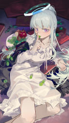 1girl absurdres apple blue_archive book breasts dress eating food frilled_pajamas frills fruit grapes grey_hair hair_spread_out halo highres large_breasts long_hair long_sleeves looking_at_viewer mechanical_halo nightgown noa_(blue_archive) noa_(pajamas)_(blue_archive) official_alternate_costume omurice_(304975636) pajamas plate ponytail purple_eyes sleepwear smile very_long_hair white_dress white_hair white_halo white_nightgown white_pajamas