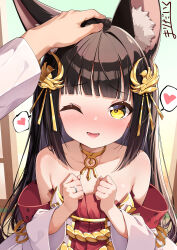 1boy 1girl absurdres animal_ears azur_lane bare_shoulders black_hair blunt_bangs commander_(azur_lane) commentary_request detached_sleeves dress fox_ears fox_girl hair_ornament hands_up headpat heart highres jewelry long_hair long_sleeves marimo_daifuku nagato_(azur_lane) necklace one_eye_closed open_mouth red_dress ring solo_focus speech_bubble spoken_heart
