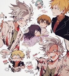 Rule 34 | 2girls, 3boys, :q, :t, ;d, ^^^, ^ ^, aqua hair, arm up, atou haruki, black hair, black jacket, blonde hair, blood, blood on clothes, blood on face, blue eyes, blush, brown hair, chibi, closed eyes, closed mouth, enomoto noa, fang, glasses, green shirt, hashtag-only commentary, hug, jabuchi you, jacket, jap soko, kanou aogu, korean text, lapels, long sleeves, medium hair, multiple boys, multiple girls, multiple views, notched lapels, one eye closed, open clothes, open jacket, open mouth, purple shirt, red eyes, ribbed sweater, saibou shinkyoku, semi-rimless eyewear, shirt, short hair, smile, speech bubble, star (symbol), surprise hug, sweat, sweater, thought bubble, tongue, tongue out, translation request, turtleneck, turtleneck sweater, white background, white jacket, yanagi nina
