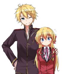 1boy 1girl blazer blonde_hair blue_eyes brother_and_sister fortune_arterial gakuran height_difference jacket long_hair looking_at_viewer pink_ribbon red_jacket ribbon school_swimsuit school_uniform sendou_erika sendou_iori short_hair shuuchikan_academy_school_uniform siblings simple_background swimsuit white_background yuu_(alsiel)