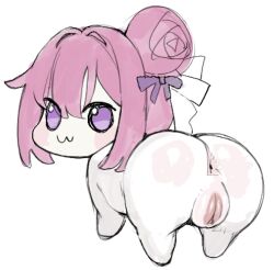 1girl :3 anus ass commentary doro_(nikke) english_commentary goddess_of_victory:_nikke hair_bun jianpan_xiafang_de_da_kongge pink_hair purple_eyes pussy short_hair single_side_bun solo