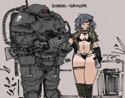 1girl ammunition_belt armor armored_boots assault_visor belt black_armor black_boots black_bra black_gloves black_panties body_armor boots bra breastplate can dark-skinned_female dark_skin food full_armor gauntlets gloves grey_hair gun hair_over_one_eye helmet holding holding_can holding_food holding_weapon jacket light_machine_gun looking_at_viewer machine_gun mecha military military_jacket military_uniform no_mouth one-piece_tan one_eye_covered open_clothes open_jacket original panties pauldrons power_armor red_visor robot science_fiction short_hair short_sleeves shoulder_armor simple_background solo tan tanline thigh_belt thigh_strap underwear verseshi weapon
