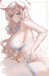 1girl absurdres blonde_hair blue_hair blush border bra breasts closed_mouth commentary green_eyes halo head_wings highres hikanari_hina large_breasts light_smile lingerie long_hair looking_at_viewer multicolored_hair naokomama outside_border panties phase_connect pointy_ears sidelocks solo thighhighs two-tone_hair underwear underwear_only virtual_youtuber white_background white_bra white_panties white_thighhighs wings