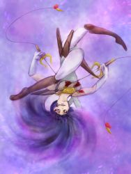 Rule 34 | 1girl, ass, blue eyes, blue hair, boots, female focus, grin, highres, kayura, legs, leotard, pantyhose, ponytail, ronin warriors, smile, solo, sunrise (company), sword, thighs, upside-down, weapon, yoroiden samurai troopers
