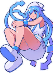 1girl bare_shoulders blue_eyes blue_hair closed_mouth commentary dress hair_between_eyes hat highres ikamusume long_hair long_sidelocks looking_at_viewer shinryaku!_ikamusume shoes short_dress sidelocks signal_(eriasignal) simple_background sleeveless sleeveless_dress smile solo tentacle_hair thick_outlines very_long_sidelocks white_background white_dress white_hat white_shoes wristband