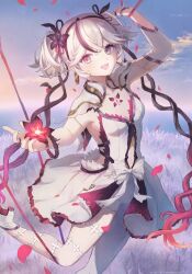 1girl arm_up black_eyes black_flower blake_bloom_(wuthering_waves) blonde_hair blue_sky breasts camellya_(wuthering_waves) clothing_cutout collar collarbone commentary dress flower foot_out_of_frame hair_flower hair_ornament hair_vines highres holding holding_flower iria_25 looking_at_viewer navel open_mouth outdoors pantyhose red_flower red_petals red_pupils short_hair short_twintails sideless_dress single_leg_pantyhose sky small_breasts smile solo standing standing_on_one_leg stomach_cutout tacet_mark_(wuthering_waves) twintails white_collar white_dress white_hair white_pantyhose wuthering_waves