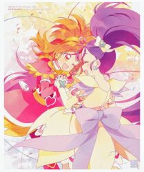 ^_^ artist_name artist_request back_bow belt belt_bag belt_buckle big_hair border bow buckle closed_eyes colorful_background copyright_name cure_bloom cure_egret dot_nose dress earrings eyelashes face-to-face feather-trimmed_skirt feather-trimmed_sleeves frilled_arm_warmers from_behind futari_wa_precure_splash_star hair_bow hair_ornament hairband happy heart heart-shaped_buckle heart_earrings heart_hair_ornament heart_print high_ponytail holding_hands hyuuga_saki jewelry lace lace-trimmed_skirt lace-trimmed_sleeves lace_trim leg_warmers light_blush long_hair magical_girl medium_hair miniskirt mishou_mai one_eye_closed open_mouth orange_eyes orange_hair pink_arm_warmers pink_leg_warmers pink_shirt pink_skirt ponytail precure purple_bow purple_hair shirt short_dress short_sleeves skirt skirt_set skirt_under_dress smile source_request string string_of_fate third-party_source very_long_hair white_arm_warmers white_bag white_border white_bow white_dress white_skirt yellow_belt yellow_hairband