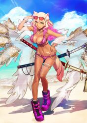 1girl adjusting_eyewear animal_ear_fluff animal_ears bangle beach bikini blonde_hair blue_sky boots bracelet breasts brown_eyes cleavage cloud contrapposto daitouren_(fate) dark-skinned_female dark_skin eyewear_on_head fate/grand_order fate_(series) floating floating_clothes floating_object floating_sword floating_weapon fox_ears fox_girl fox_tail full_body game_cg hand_on_eyewear hand_on_own_hip heart_tan jewelry katana large_breasts leaning_forward leg_up leopard_print_bikini long_hair multicolored_hair multiple_bracelets nail_polish navel necklace ocean official_art over-rim_eyewear pink_bikini pink_boots pink_hair pink_nails sand semi-rimless_eyewear shawl sheath sheathed shoutouren_(fate) sidelocks single_bare_leg sky solo standing standing_on_one_leg stomach sunglasses suzuka_gozen_(fate) suzuka_gozen_(swimsuit_rider)_(fate) suzuka_gozen_(swimsuit_rider)_(second_ascension)_(fate) swimsuit sword tail tail_ornament takenoko_seijin tan tan_tattoo thighlet third-party_source two-tone_hair variant_set weapon white_shawl