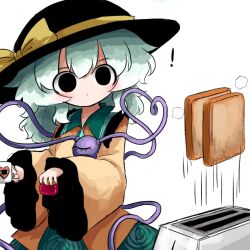 ! 1girl black_eyes black_hat blush bread bread_slice buttons closed_mouth collared_shirt cup diamond_button floral_print food frilled_shirt_collar frilled_sleeves frills green_hair green_sailor_collar green_skirt hat hat_ribbon heart heart_of_string heripantomorrow holding holding_cup holding_jar jar komeiji_koishi looking_at_food motion_lines ribbon rose_print sailor_collar shirt skirt solid_circle_eyes solo third_eye toast toaster touhou wide_sleeves yellow_ribbon yellow_shirt