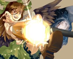 Rule 34 | 1girl, :d, aiming, arm cannon, asymmetrical legwear, black thighhighs, black wings, bow, brown background, brown hair, brown shoes, cape, commentary request, feathered wings, foot out of frame, frilled skirt, frills, galaxy, glowing, glowing weapon, green bow, green skirt, hair bow, heasil, long hair, open mouth, red eyes, reiuji utsuho, shirt, shoe soles, shoes, short sleeves, skirt, smile, socks, solo, starry sky print, sweatdrop, teeth, thighhighs, touhou, triangle print, two-sided cape, two-sided fabric, upper teeth only, weapon, white shirt, white socks, wings