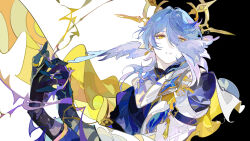 1boy black_background black_gloves black_shirt blue_hair blue_vest bound bound_wrists brooch cape commentary earrings ezu_(e104mjd) gloves hair_between_eyes halo halo_behind_head hands_up head_wings honkai:_star_rail honkai_(series) jacket jewelry long_sleeves looking_at_viewer looking_to_the_side male_focus mandarin_collar medium_hair own_hands_clasped own_hands_together parted_lips ring scarf shirt short_hair simple_background sleeve_garter solo spiked_halo sunday_(honkai:_star_rail) symbol-only_commentary thorns two-tone_background upper_body vest white_background white_jacket white_scarf wings yellow_cape yellow_eyes