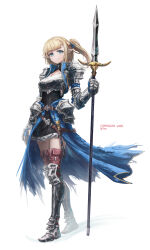 1girl absurdres arm_armor armor armored_boots artist_name black_shirt black_skirt blonde_hair blunt_bangs boots breasts brown_thighhighs cleavage closed_mouth commentary commission english_commentary franlol frilled_skirt frills full_body green_eyes highres holding holding_polearm holding_weapon looking_at_viewer original pointy_ears polearm ponytail shirt short_hair shoulder_armor simple_background skirt smile solo spear standing thighhighs weapon white_background zettai_ryouiki