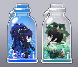 2boys animal_ears black_eyes black_hair boots cavernous_wailing_(e.g.o) e.g.o_(project_moon) flaw_eight fox_ears fox_tail full_body green_boots grey_background high_ponytail holding holding_mace holding_umbrella holding_weapon hong_lu_(project_moon) limbus_company long_hair mace multiple_boys ponytail project_moon raincoat simple_background sunshower_(e.g.o) tail umbrella very_long_hair weapon white_raincoat yi_sang_(project_moon)