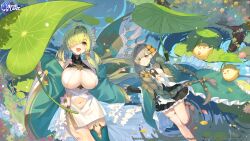 &gt;_&lt; 2girls artist_request azur_lane bare_shoulders barefoot black_dress black_gloves braid breasts butterfly_hair_ornament cleavage collarbone criss-cross_straps de_zeven_provincien_(azur_lane) dress elf evertsen_(azur_lane) fingerless_gloves flower gloves green_eyes green_hair green_thighhighs grey_hair hair_flower hair_ornament hair_over_one_eye highres holding holding_leaf large_breasts leaf long_sleeves manjuu_(azur_lane) multiple_girls official_art orange_flower pink_flower pointy_ears second-party_source single_thighhigh small_breasts thigh_strap thighhighs tree white_dress wide_sleeves