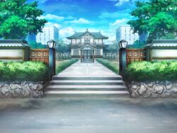 Rule 34 | artist request, blue sky, building, bush, cloud, fence, game cg, lantern, magia record: mahou shoujo madoka magica gaiden, mahou shoujo madoka magica, no humans, official art, path, road, scenery, shrine, sky, stairs, street, tree