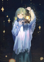 Rule 34 | 1girl, absurdres, airool, arm up, bang dream!, bang dream! it&#039;s mygo!!!!!, black background, blue scarf, blue sweater, check clothing, chinese commentary, closed mouth, clothing request, commentary, commentary request, cowboy shot, english commentary, glowing, green hair, green skirt, hand up, highres, holding, holding lantern, lantern, lips, long hair, long sleeves, looking at viewer, mixed-language commentary, orbital path, orbited, partial commentary, scarf, sidelocks, skirt, sleeves past wrists, solo, sparkle, standing, star (symbol), straight-on, sweater, wakaba mutsumi, yellow eyes