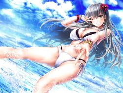 1girl alternate_hair_color bangle bare_shoulders bikini blue_sky blush bracelet breasts cleavage cloud day earrings female_focus flower glint gold grey_hair grin hair_between_eyes hair_flower hair_ornament hairclip jewelry kantai_collection large_breasts long_hair looking_at_viewer navel necklace one_eye_closed outdoors ring side-tie_bikini_bottom sidelocks skindentation sky smile solo splashing stomach suien suzuya_(kancolle) swimsuit thighs v wading wedding_band white_bikini