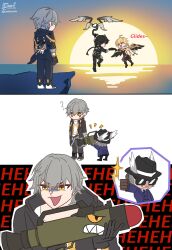 Rule 34 | 3boys, absurdres, aether (genshin impact), caelus (honkai: star rail), cattwuwu, evil grin, evil smile, genshin impact, gliding, grin, hanu (honkai: star rail), highres, holding, holding weapon, honkai: star rail, honkai (series), horizon, in air, male rover (wuthering waves), missile launcher, multiple boys, rover (wuthering waves), smile, sunset, thumbs up, trailblazer (honkai: star rail), weapon, wings, wuthering waves