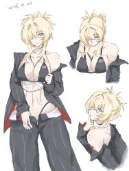 1girl abs bikini black_bikini black_jacket black_pants blonde_hair blue_eyes breasts cleavage collar collarbone commentary_request dated finger_to_mouth glasses goddess_of_victory:_nikke grave_(beautiful_you)_(nikke) grave_(nikke) groin hair_between_eyes highres jacket large_breasts long_hair looking_at_viewer metal_collar multiple_scars multiple_views navel off_shoulder official_alternate_costume pants parted_lips pinstripe_jacket pinstripe_pants pinstripe_pattern ponytail scar scar_on_stomach short_ponytail sidelocks simple_background single_bare_shoulder solo standing stomach swimsuit uko_tiao white_background