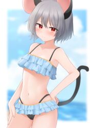 Rule 34 | 1girl, animal ears, bare shoulders, beach, bikini, bikini skirt, black bikini, blue bikini, blue sky, blush, bob cut, border, breasts, closed mouth, cloud, commentary, cowboy shot, cumulonimbus cloud, curled fingers, dakuazu, expressionless, frilled bikini, frills, hair between eyes, hand on own hip, hand on own thigh, highleg, highleg bikini, looking at viewer, lowleg, lowleg skirt, midriff, mouse ears, mouse tail, multicolored bikini, navel, nazrin, ocean, outside border, red eyes, sand, short hair, skirt, sky, small breasts, solo, standing, sweat, sweatdrop, swimsuit, tail, tail raised, touhou, two-tone bikini, white border, yellow trim