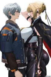 1boy 1girl aroused ass bad_tag blonde_hair boobs_pressed evelyn_chevalier femdom huge_ass latex latex_legwear narrow_waist thick_thighs thighs tight_clothes white_background wise_(zenless_zone_zero) zafuroggu zenless_zone_zero