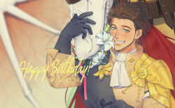 1boy ascot black_gloves blurry blurry_background blush brown_hair claude_von_riegan dated earrings fire_emblem fire_emblem:_three_houses flower gloves green_eyes grin happy_birthday hazuki_jun highres jewelry long_sideburns looking_at_viewer male_focus nintendo sash short_hair sideburns smile solo upper_body white_ascot yellow_flower